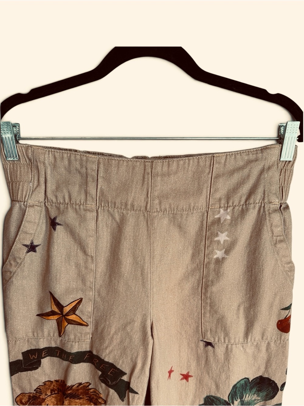 We The Free Breezy Printed Denim Pull On Jeans Size Medium Khaki Combo Pockets - Picture 4 of 16